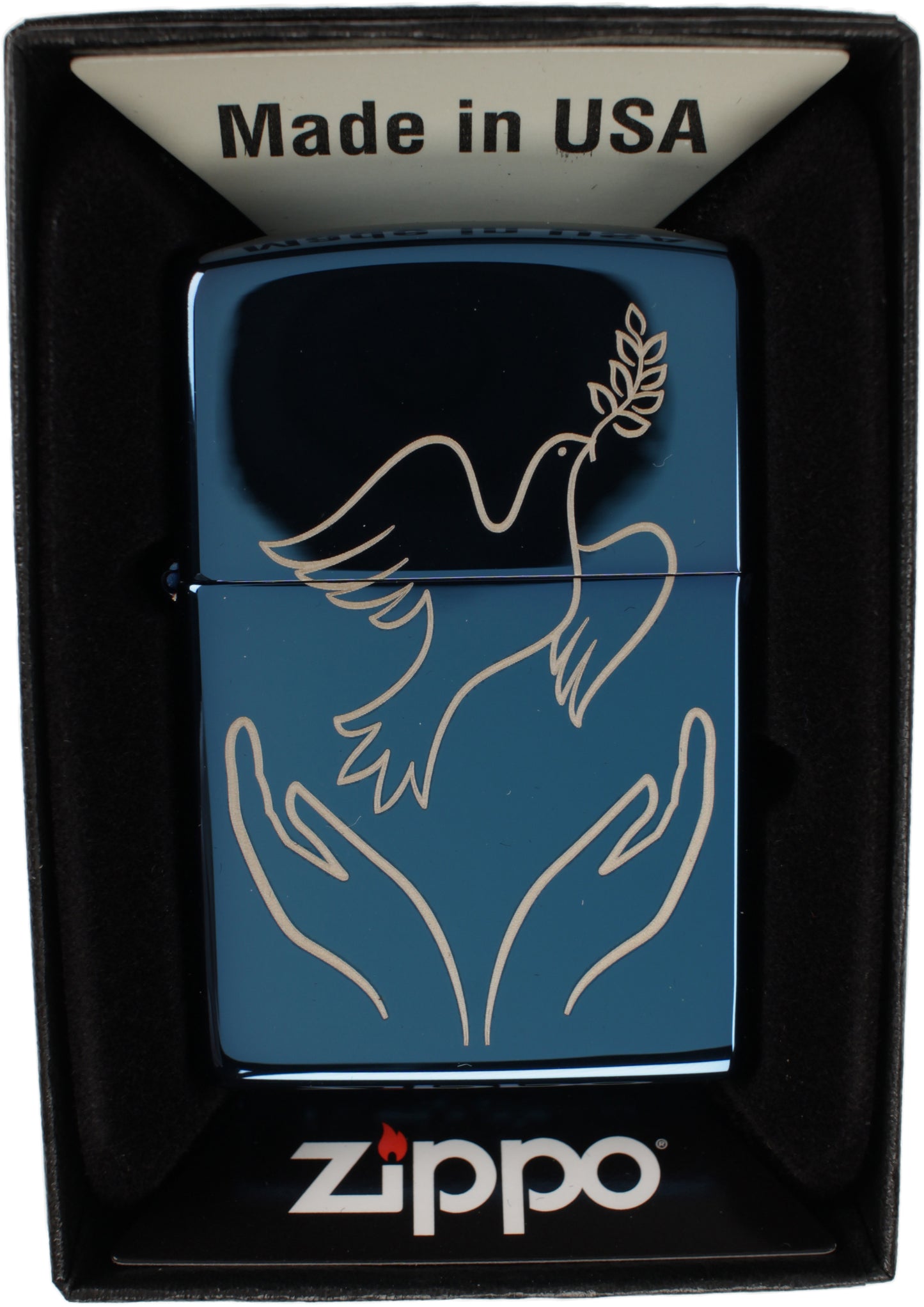 Dove with Olive Branch Released by Hands - Engraved High Polish Blue/Sapphire Zippo Lighter