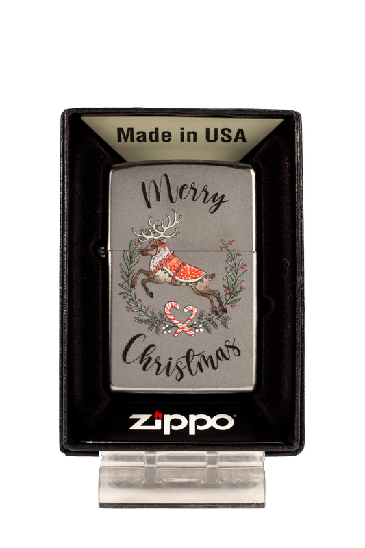 Merry Christmas Reindeer with Mistletoe and Candy Cane Wreath - Satin Chrome Zippo Lighter