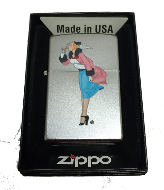 Zippo Windy Girl in Pink Coat - Satin Chrome Zippo Lighter