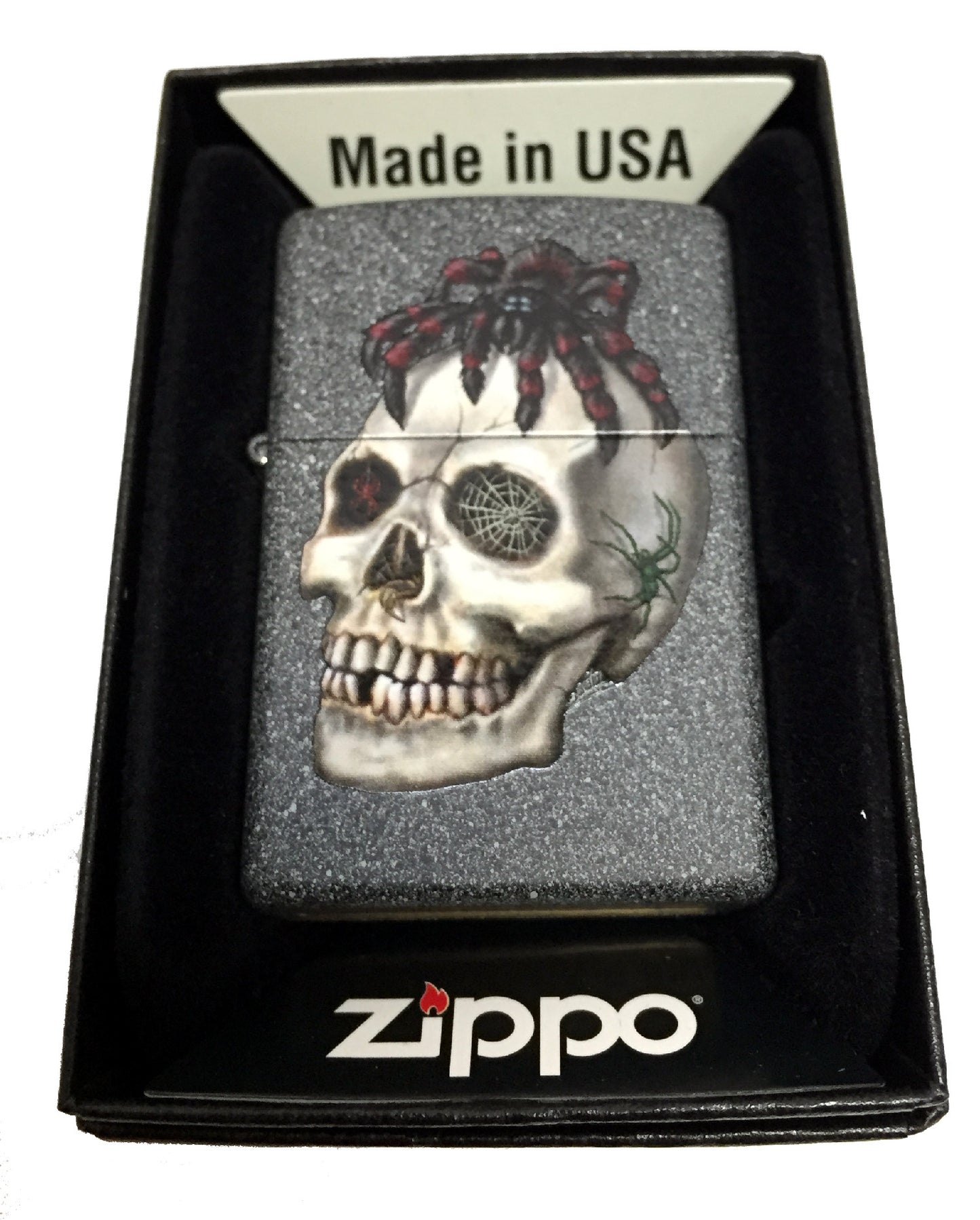 Zippo Custom Lighter - Tarantula on Skull - Regular Iron Stone Matte