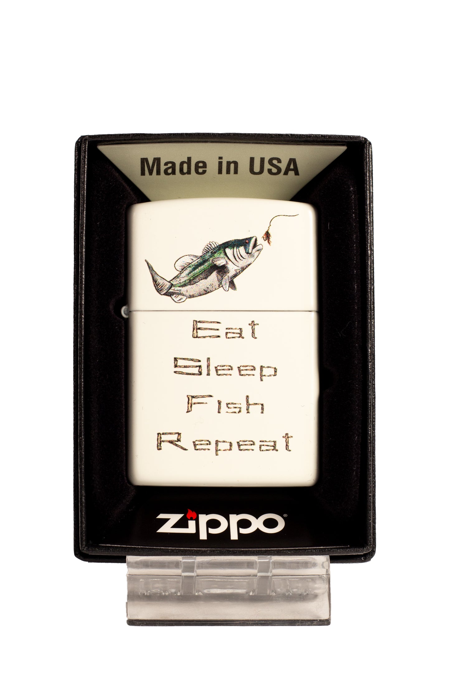 Eat, Sleep, Fish, Repeat with Bass Fish - White Matte Zippo Lighter