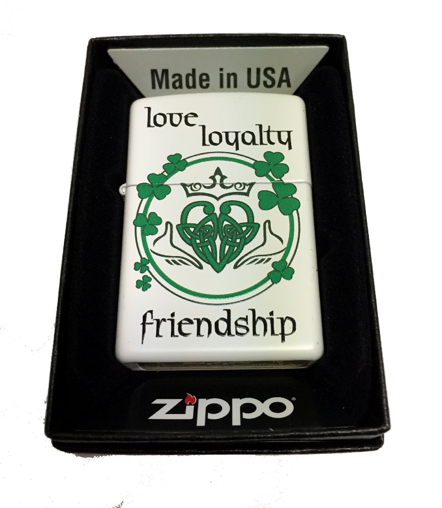 "Love, Loyalty, Friendship" Irish Claddagh Heart - White Matte Zippo Lighter