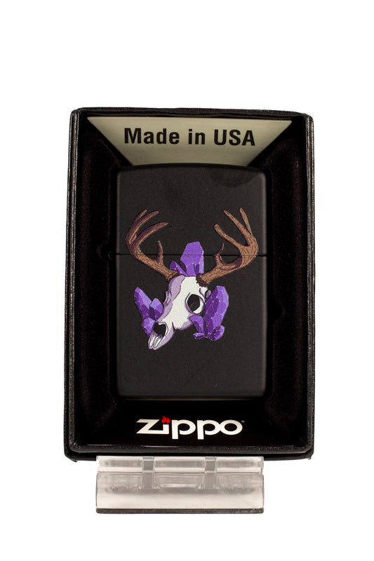Deer Skull with Antlers and Crystals - Black Matte Zippo Lighter