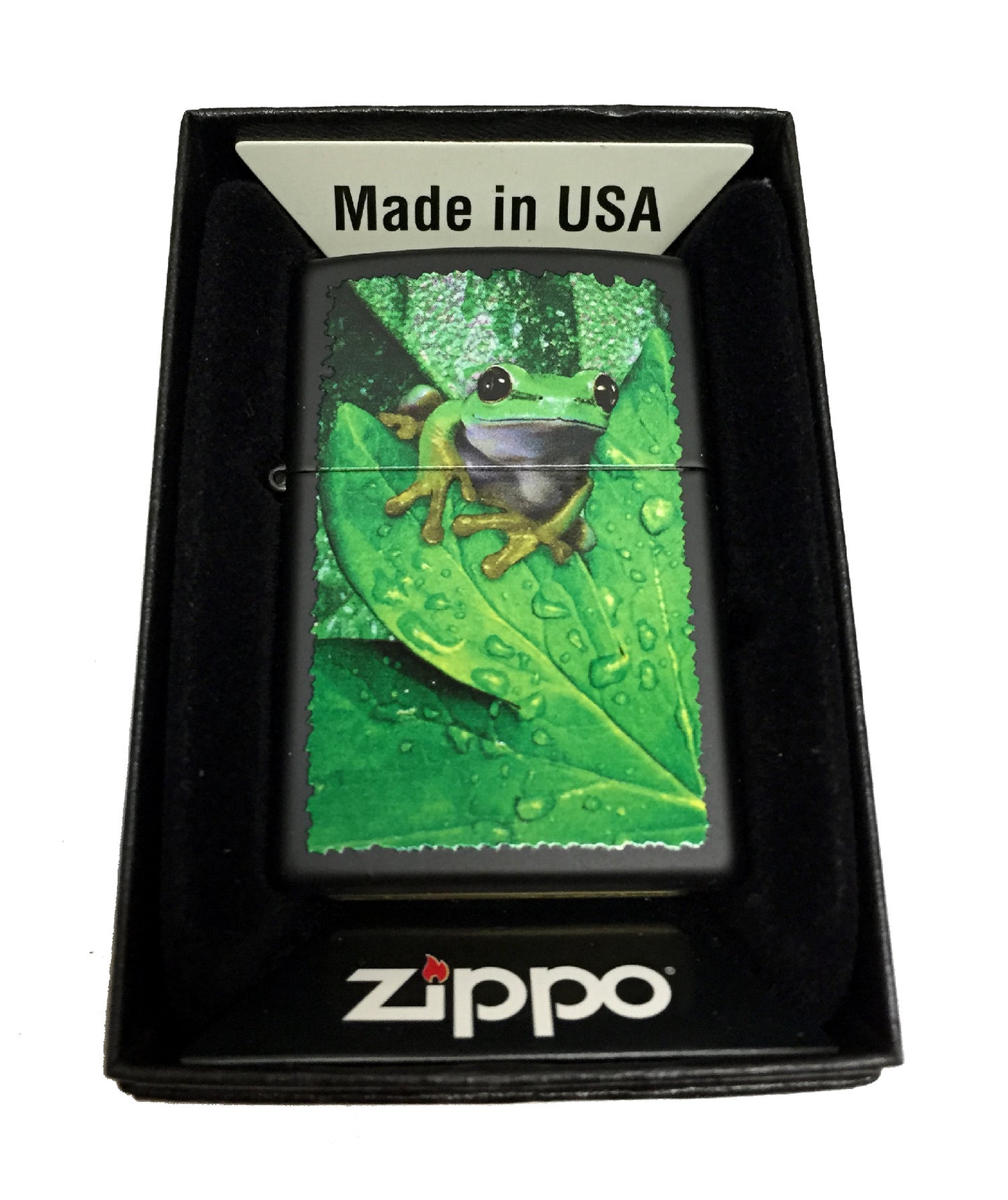 Peeking Frog on Leaves - Black Matte Zippo Lighter