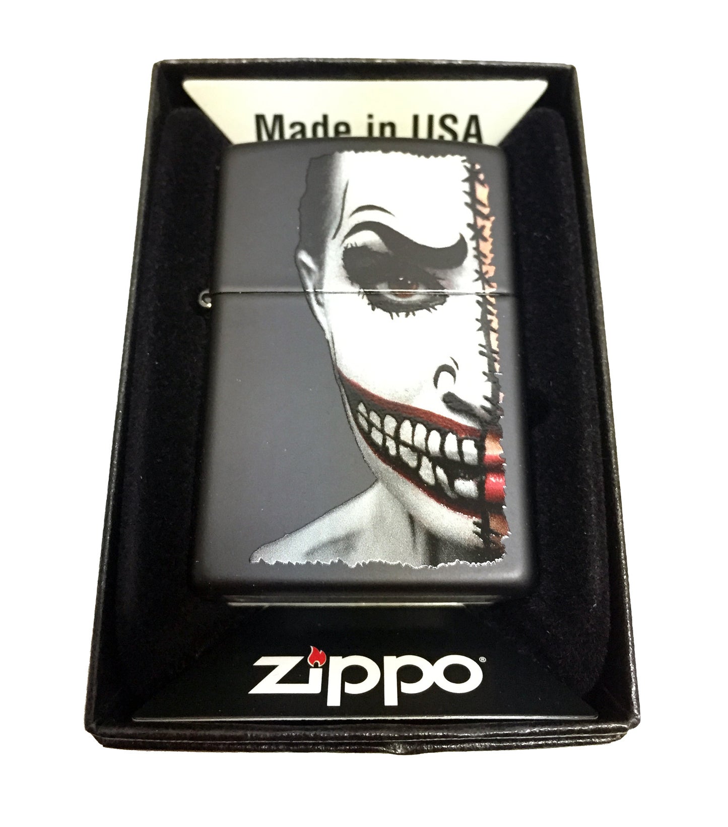 Half Scary Painted Clown Face - Black Matte Zippo Lighter