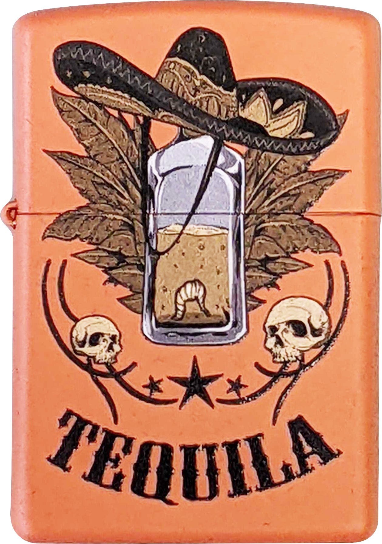 Tequila Bottle with Sombrero and Skulls - Orange Matte Zippo Lighter