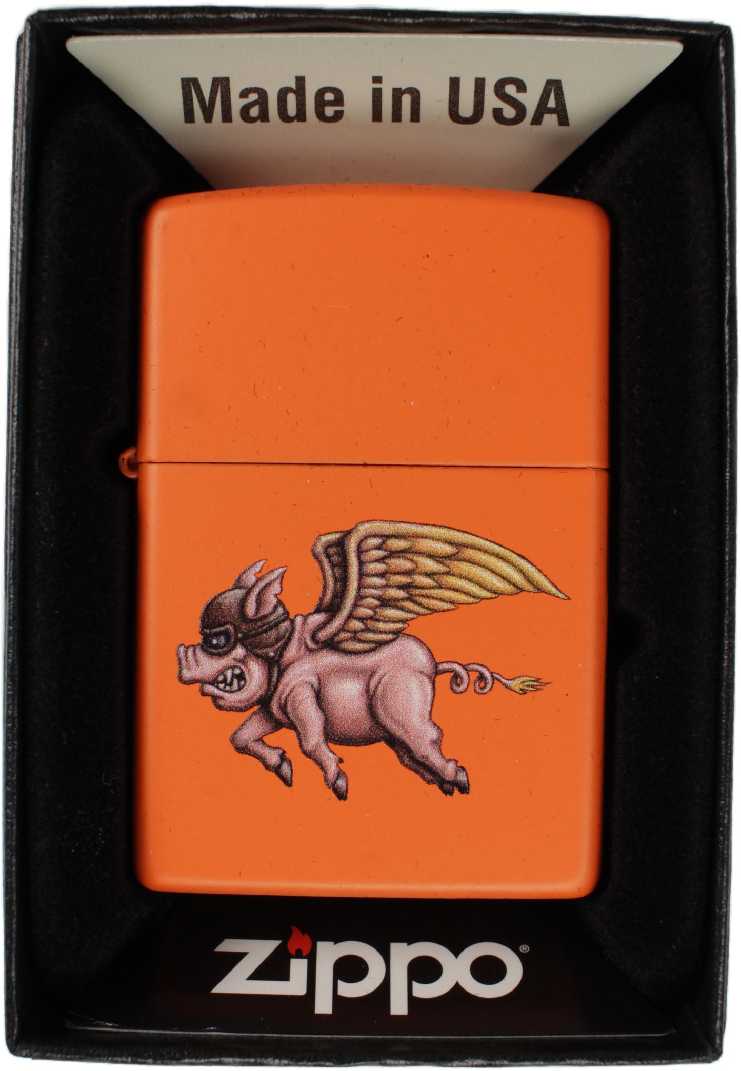 Flying Winged Pig with Aviator Hat - Orange Matte Zippo Lighter