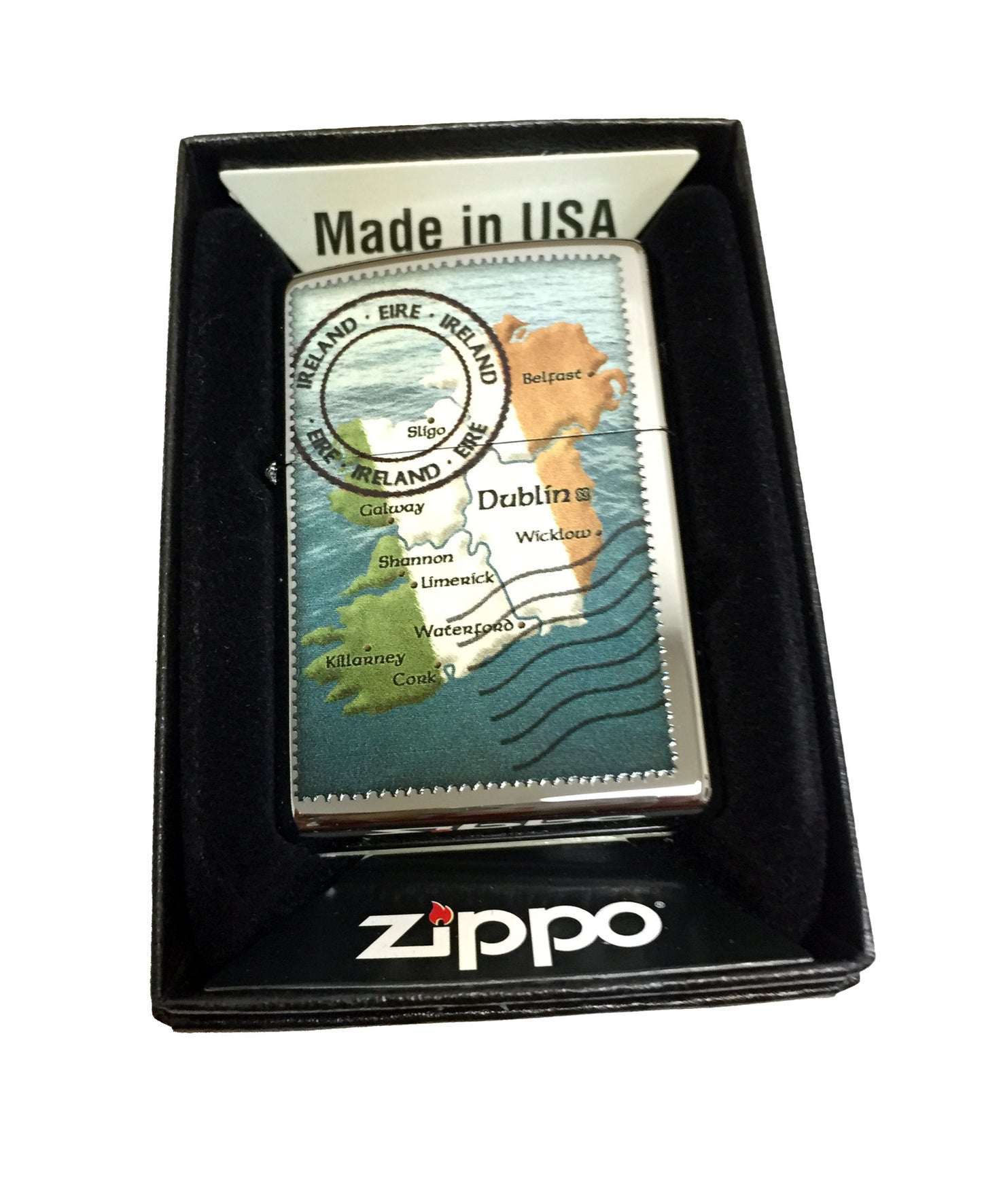 Ireland Flag Irish Postage Stamp Design - High Polish Chrome Zippo Lighter