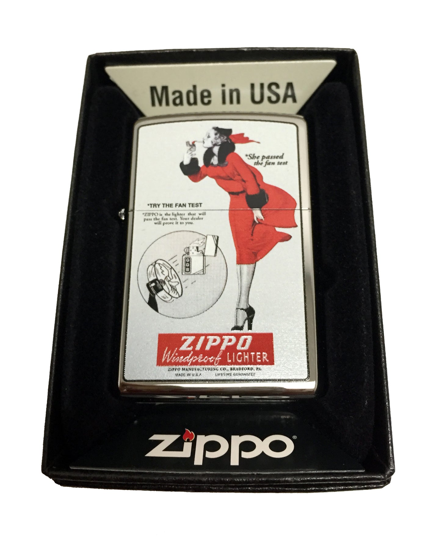 Red Windy Girl Fan Test - High Polish Chrome Zippo Lighter