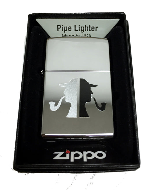 Classic Detective Sherlock with Pipe Silhouette - Engraved High Polish Chrome Zippo Lighter