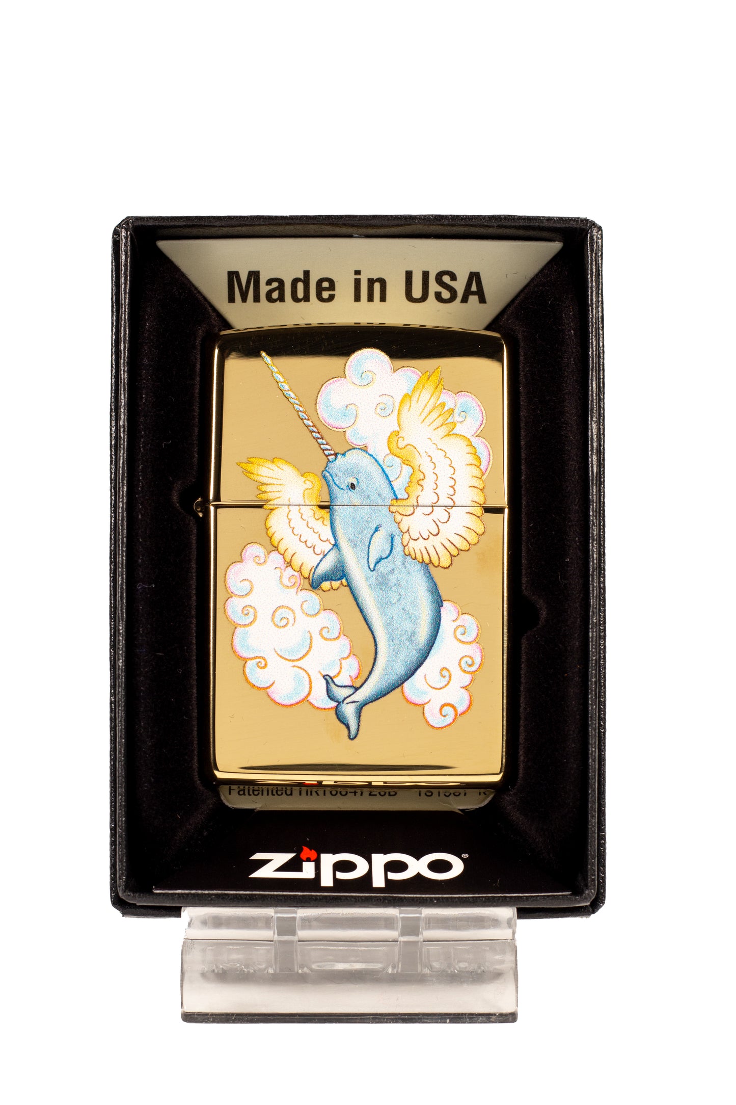 Flying Narwhal Whale with Wings and Clouds - High Polish Brass Zippo Lighter