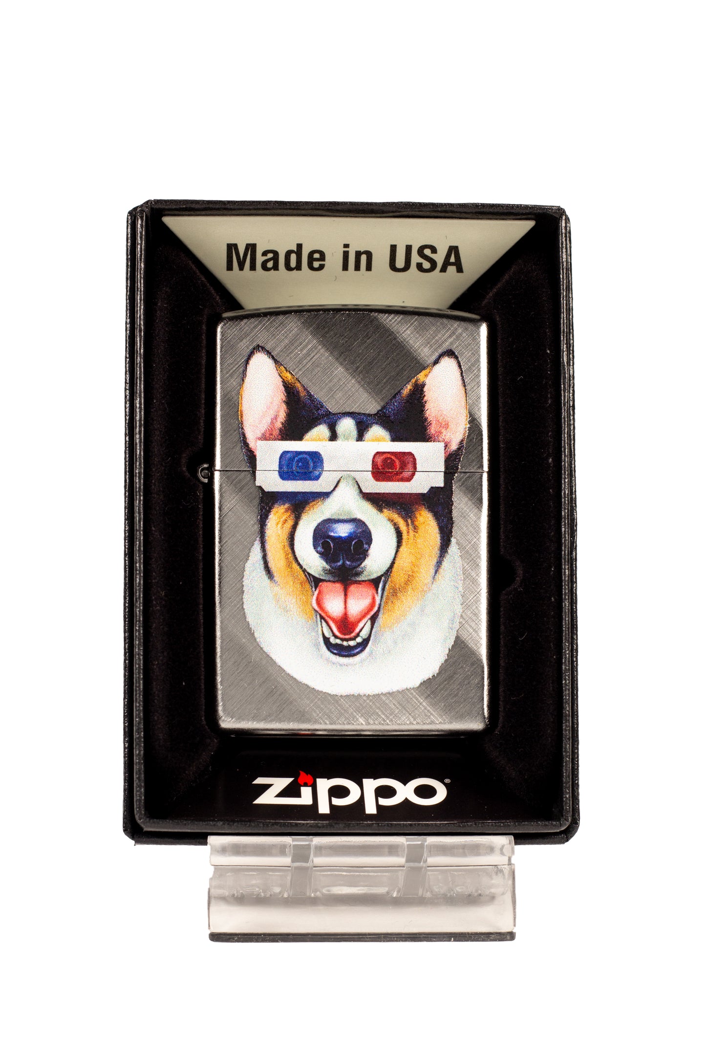 Cute Retro 3D Glasses Corgi Dog - Diagonal Weave Zippo Lighter