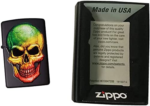 Rasta Colored Skull - Black Matte Zippo Lighter