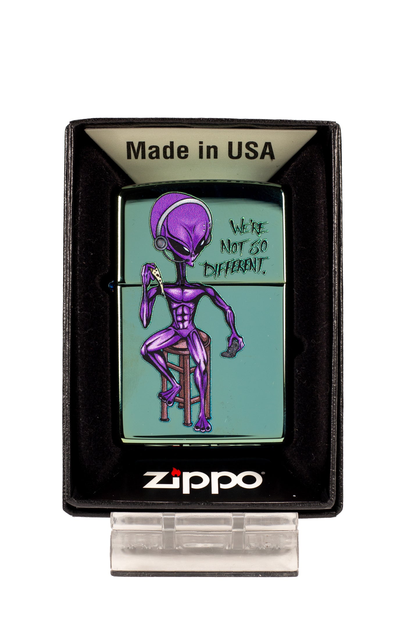 "We're Not So Different" Teenage Alien with Pizza and Headphones - High Polish Teal Zippo Lighter