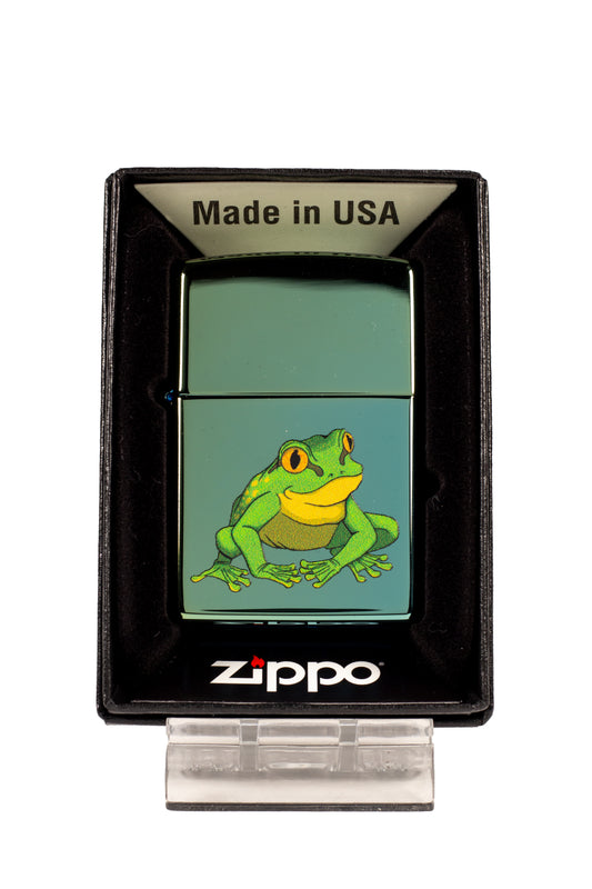 Cute Green and Yellow Treefrog - High Polish Teal Zippo Lighter