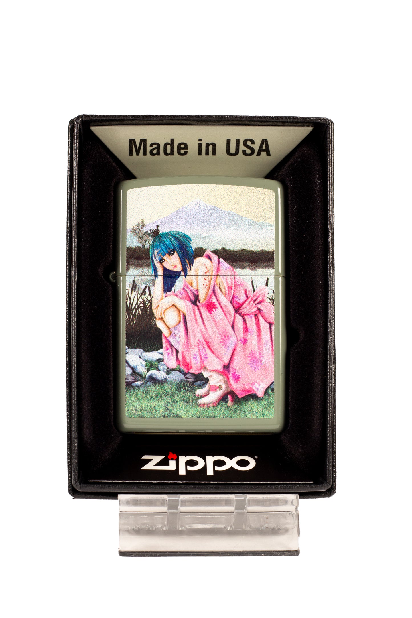 Anime Girl in Boots Crouched and Mountain Scene - Classic Sage Zippo Lighter