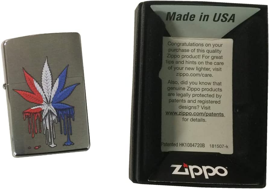Drippy Pot Weed Leaf with USA Patriotic Flag Colors - Brushed Chrome Zippo Lighter