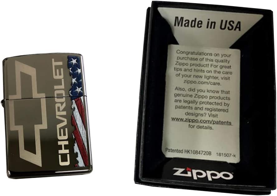 Chevrolet Bowtie Logo with American Flag - Black Ice Zippo Lighter