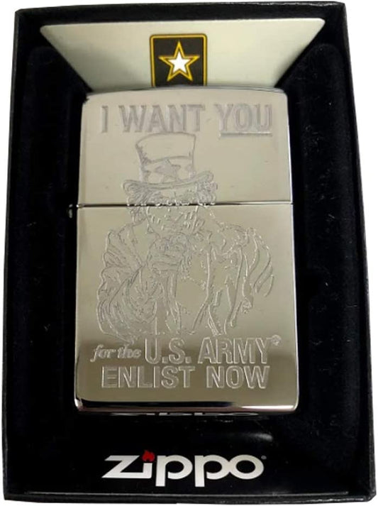 U.S. Army Uncle Sam I Want You Military Enlistment Recruitment Poster - Engraved High Polish Chrome Zippo Lighter