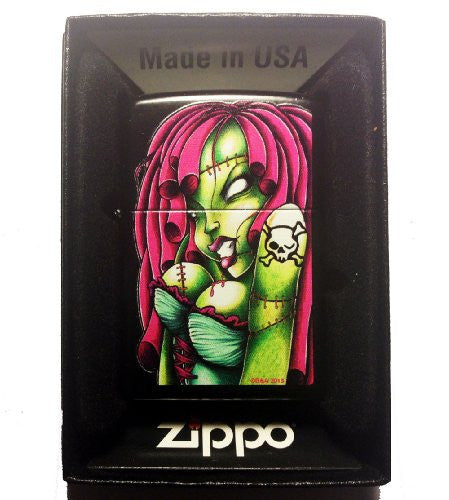Sexy Scary Hot Zombie Babe with Skull and Crossbones Tattoo - Black Matte Zippo Lighter