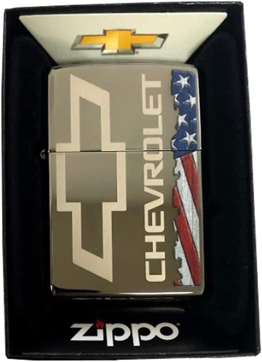 Chevrolet Bowtie Logo with American Flag - Black Ice Zippo Lighter