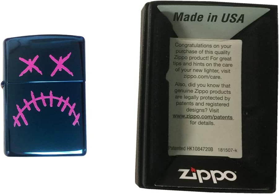 Stitched Skull Face Frown - High Polish Blue/Sapphire Zippo Lighter