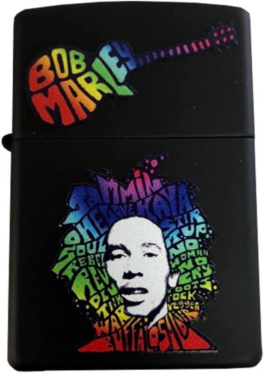 Bob Marley Rainbow Text and Guitar - Black Matte Zippo Lighter