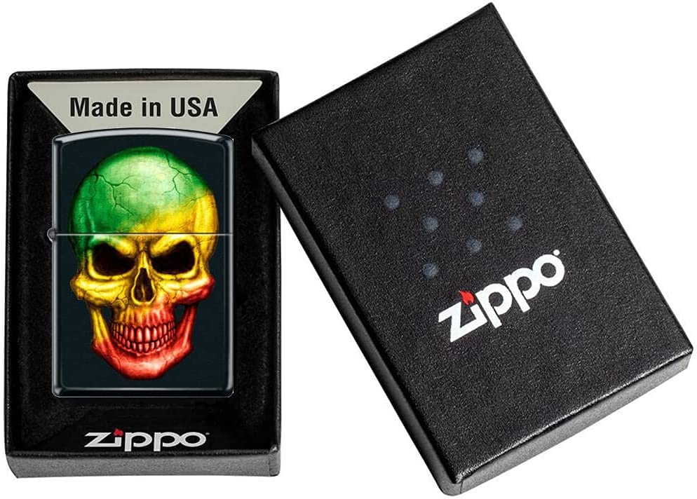 Rasta Colored Skull - Black Matte Zippo Lighter