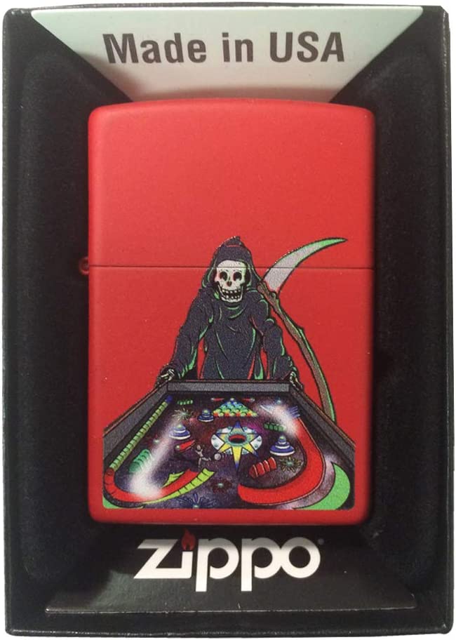 Pinball Grim Reaper Death with Scythe - Red Matte Zippo Lighter
