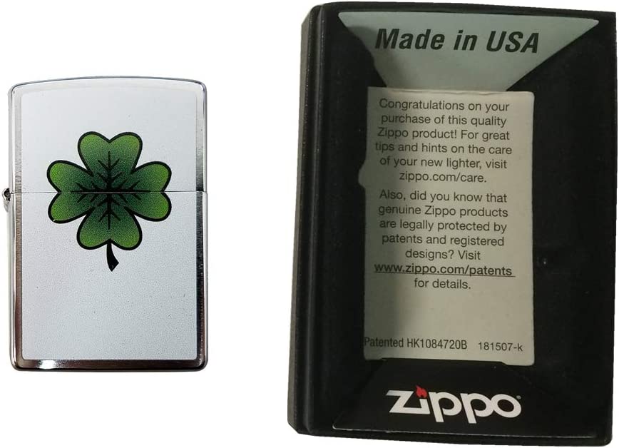Double Sided Lucky Irish Four Leaf Clover Shamrock - Brushed Chrome Zippo Lighter