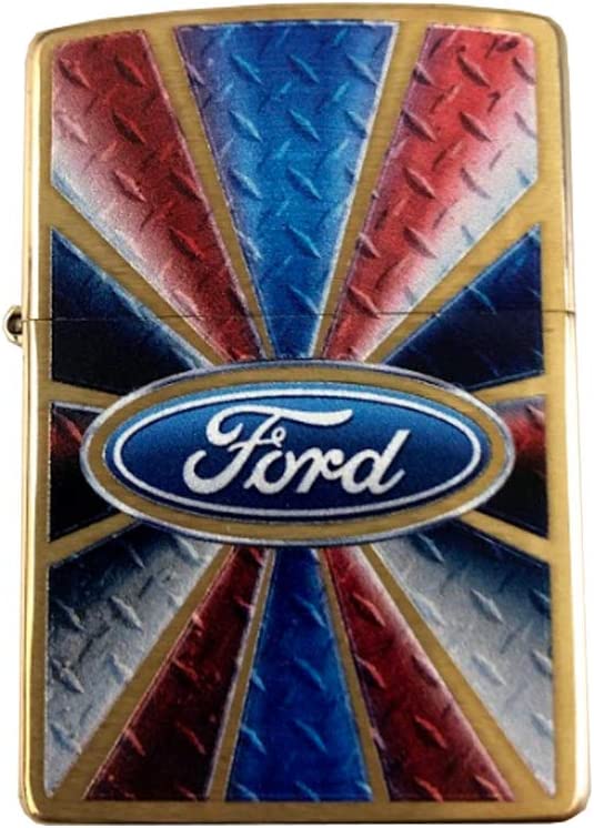 Ford Script in Oval Logo on Red White and Blue - Brushed Brass Zippo Lighter