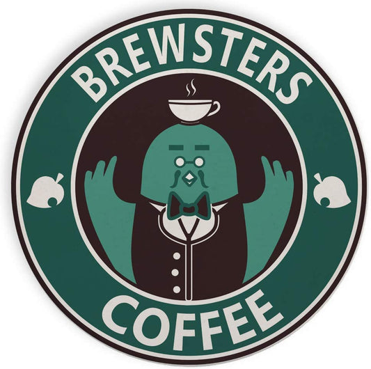 "Brewster's Coffee" Animal Café Video Game Parody Round Ceramic Coasters, Set of Four