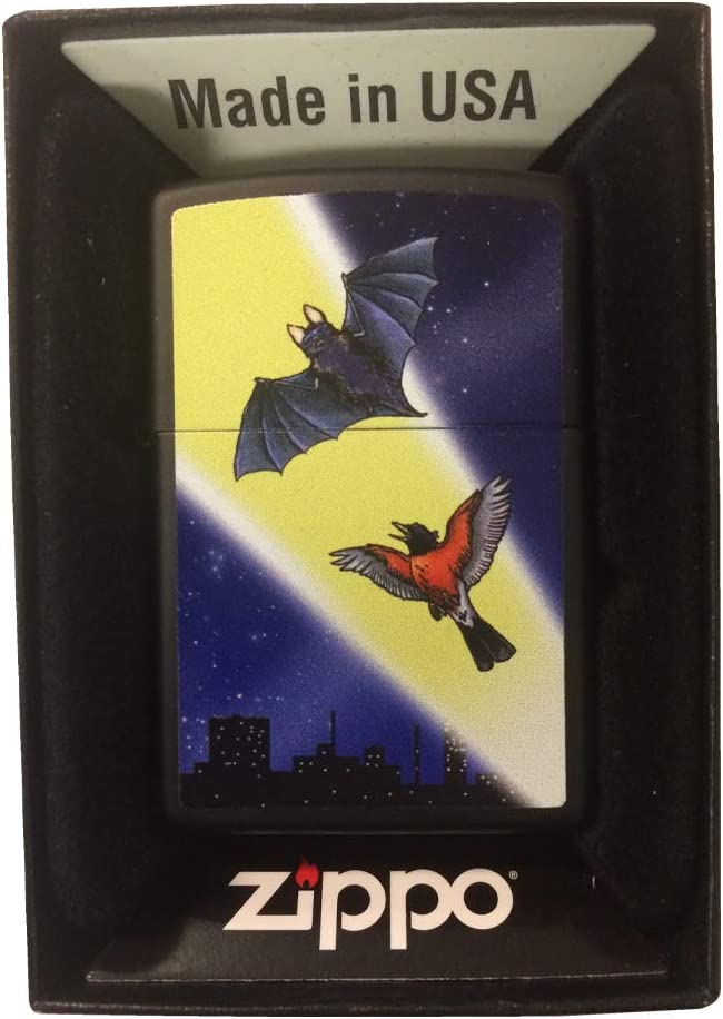 Bat and Sidekick Bird Parody in the City at Night with Signal Light - Black Matte Zippo Lighter
