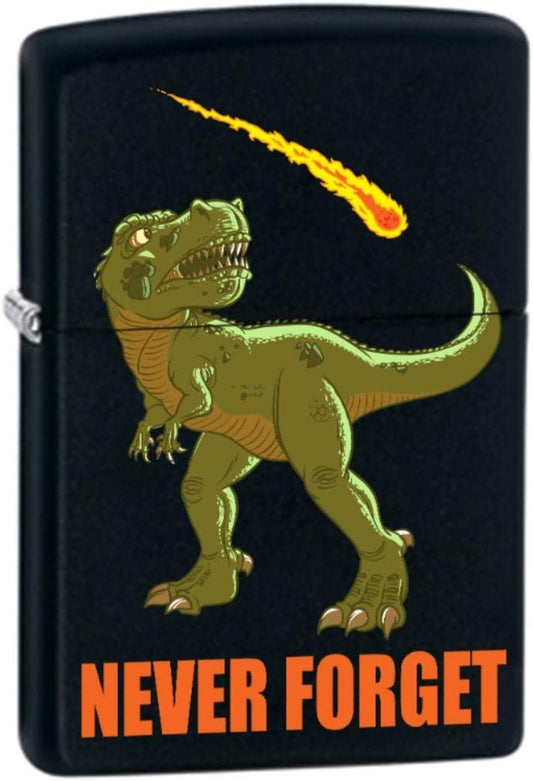 "Never Forget" Dinosaur and Asteroid - Black Matte Zippo Lighter