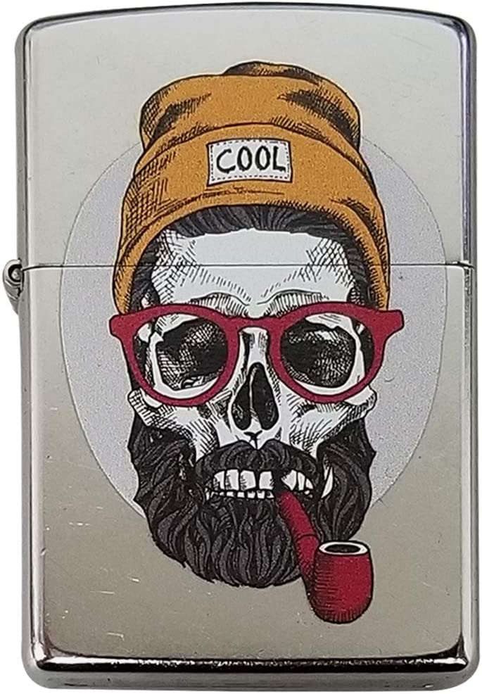 Hipster Skull with Beanie and Beard Smoking a Pipe - Street Chrome Zippo Lighter