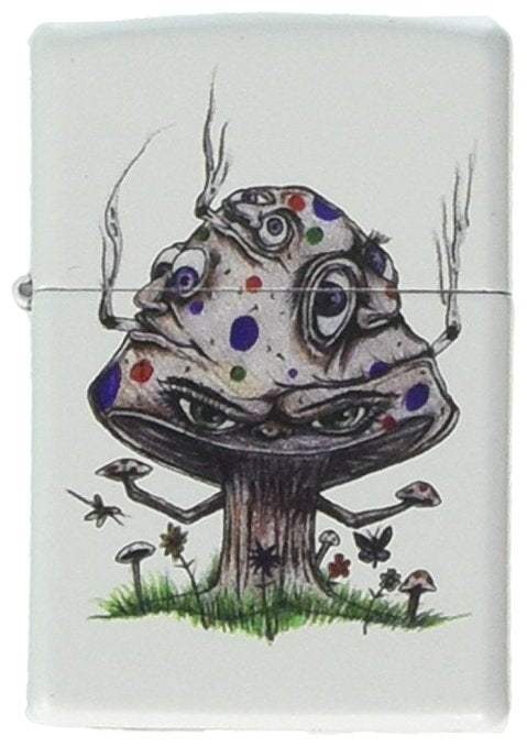 Smoking Mushroom with Psychedelic Eyes and Faces - White Matte Zippo Lighter