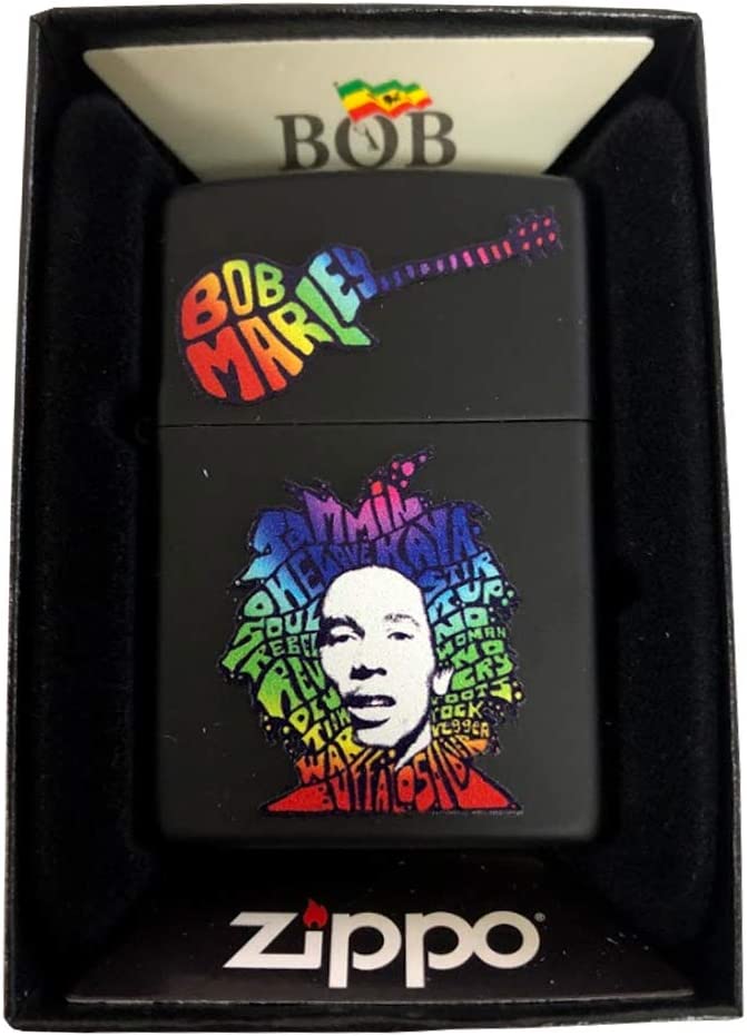 Bob Marley Rainbow Text and Guitar - Black Matte Zippo Lighter