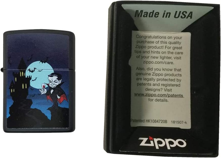 Cute Cartoon Vampire Dracula and Castle - Black Matte Zippo Lighter