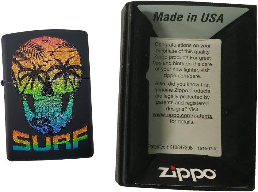 Cool Summer Palm Tree Surf Skull - Black Matte Zippo Lighter