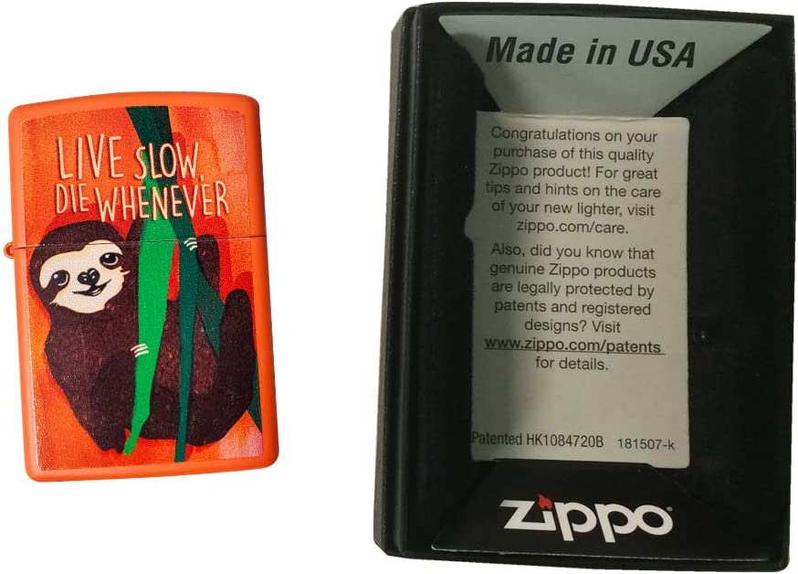 Live Slow, Die Whenever Sloth Design - Orange Matte Zippo Lighter