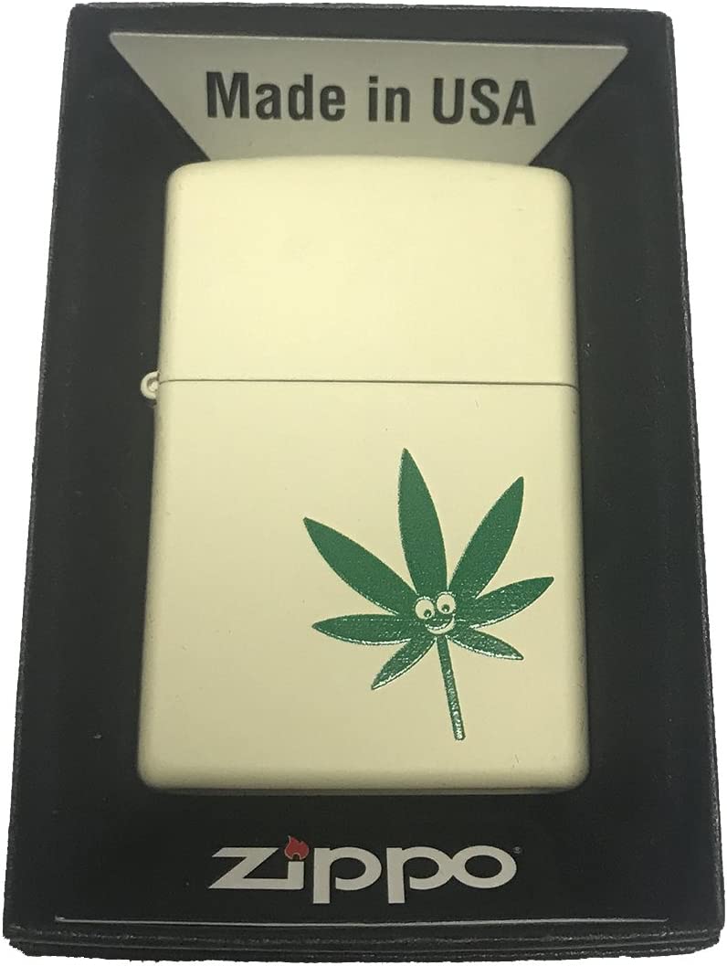 Smiley Face Pot Leaf - Cream Matte Zippo Lighter