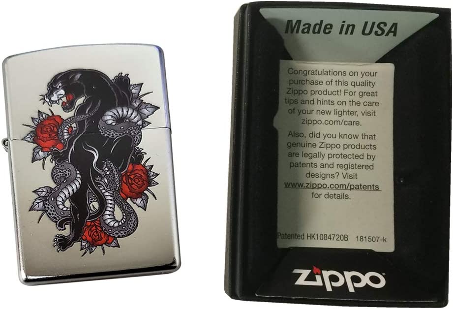American Rose Panther Tattoo - Satin Chrome Zippo Lighter