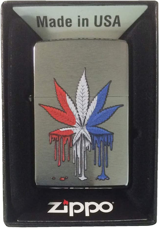 Drippy Pot Weed Leaf with USA Patriotic Flag Colors - Brushed Chrome Zippo Lighter