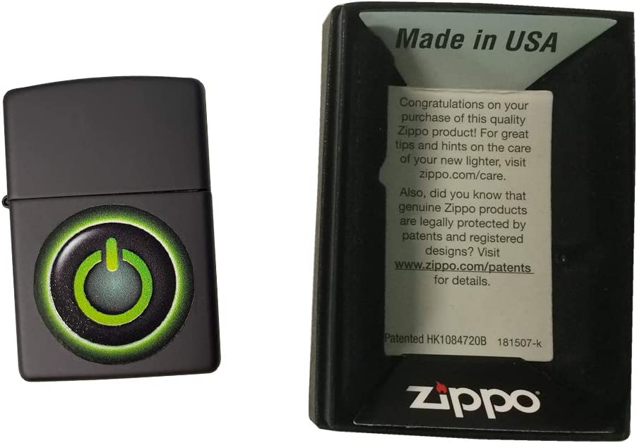 Green Power Button - Black Matte Zippo Lighter