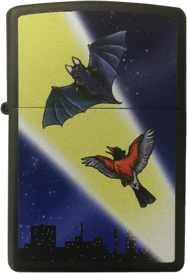 Bat and Sidekick Bird Parody in the City at Night with Signal Light - Black Matte Zippo Lighter