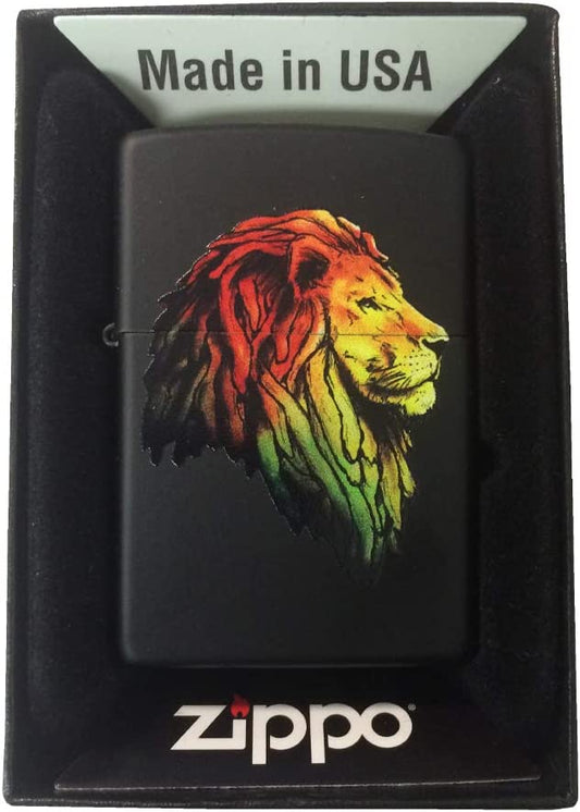 Lion with Rasta Colors - Black Matte Zippo Lighter