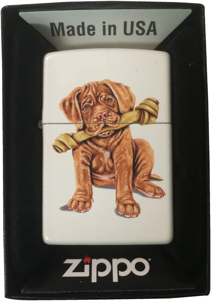 French Mastiff Puppy Dog with Bone - White Matte Zippo Lighter