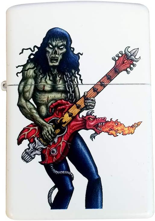 Rocker Long Hair Horror Monster Zombie Shredding Metal Guitar - White Matte Zippo Lighter