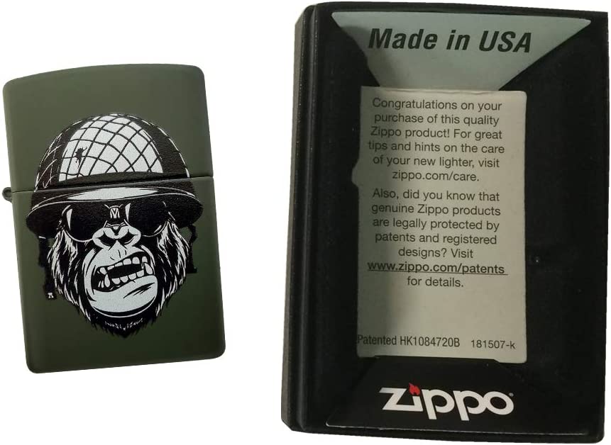 Gorilla Soldier with Army Helmet - Green Matte Zippo Lighter