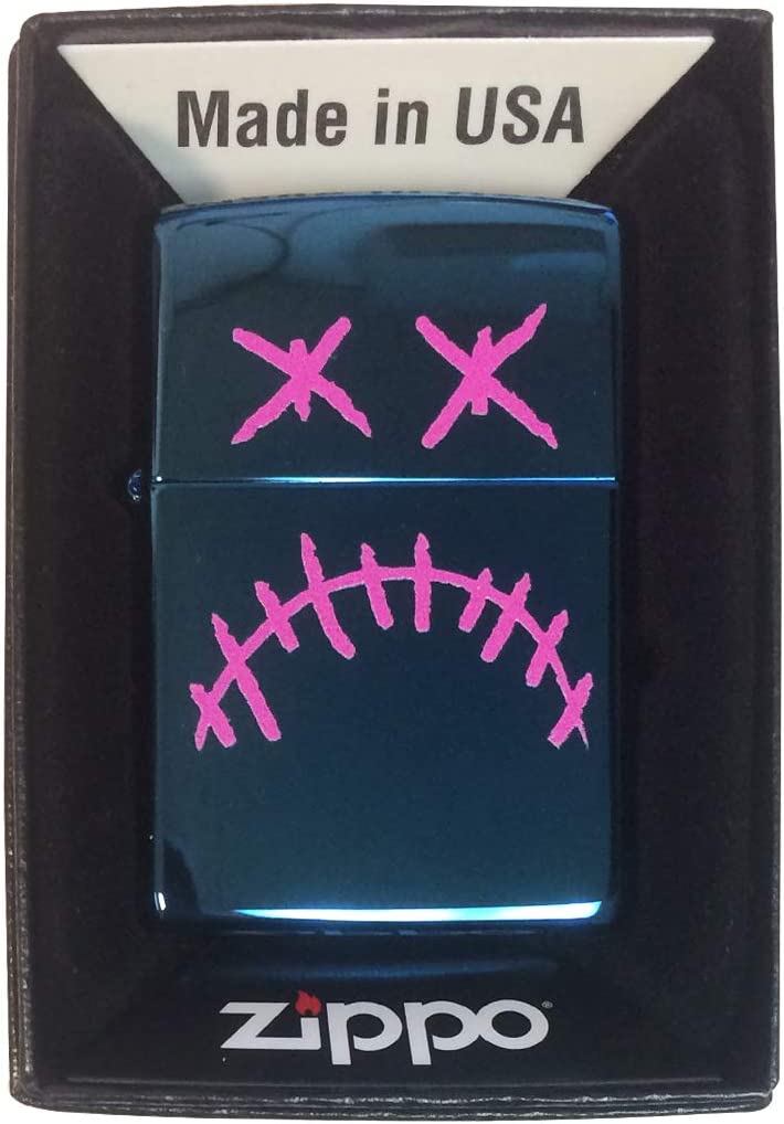 Stitched Skull Face Frown - High Polish Blue/Sapphire Zippo Lighter